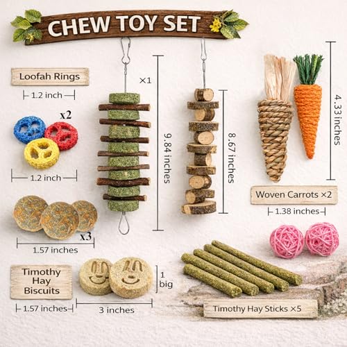 Grddaef 20 PCS Bunny Chew Toys for Teeth, Natural Rabbit Toys Apple Wood Grass Timothy Sticks Chew and Treat for Guinea Pi...
