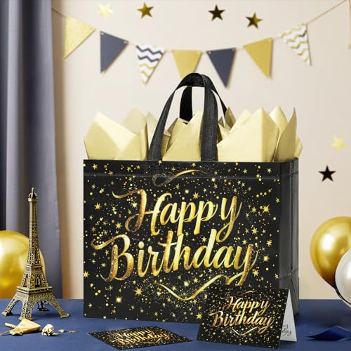 STYPOP 2 Pack 13" Large Birthday Gift Bags with Tissue Paper & Cards, Reusable Non-Woven Happy Birthday Bags with Handles,...