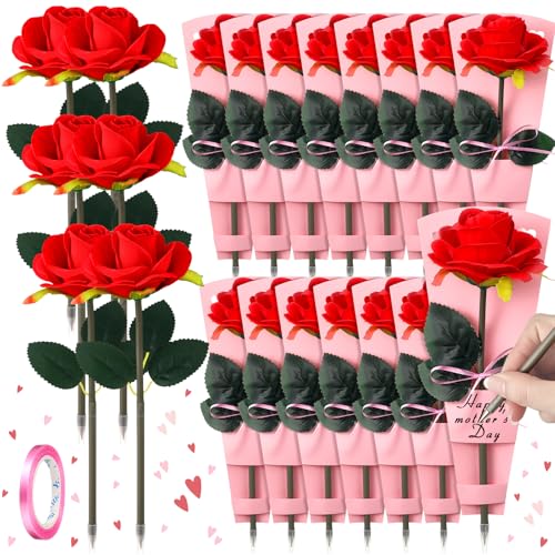 Feifeiya 30 Sets Mother's Day Flower Pens with Gift Cards Red Rose Ballpoint Pen Bulk Artificial Rose Pens Gift for Weddin...