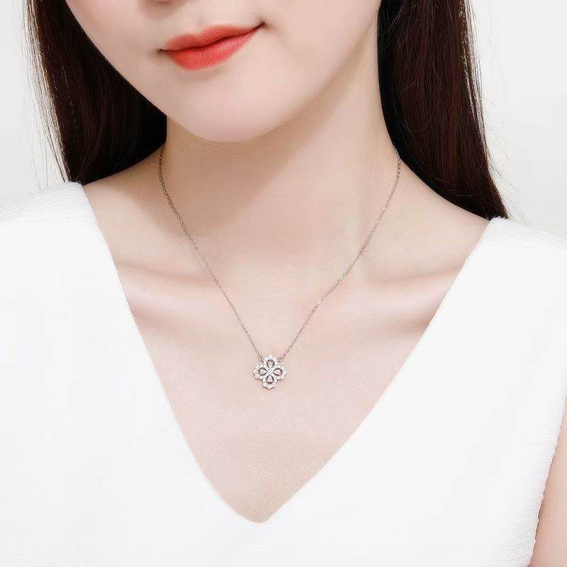 S925 Sterling Silver Four-Leaf Clover Pendant Necklace For Women, Korean Style Full Paved Zircon Clavicle Chain, Luxury Unique Jewelry