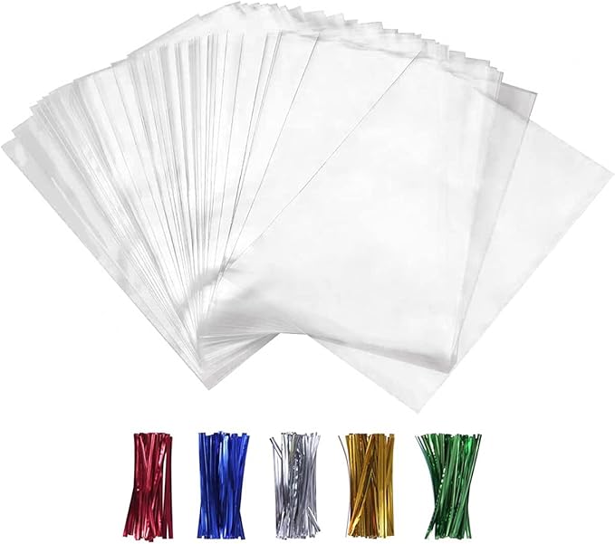 XLSFPY 100PCS Cellophane Bags Clear Plastic Cello Bags 4x6 with 4" Twist Ties 5 Mix Colors - 1.4 mils Thick OPP Treat Bags...