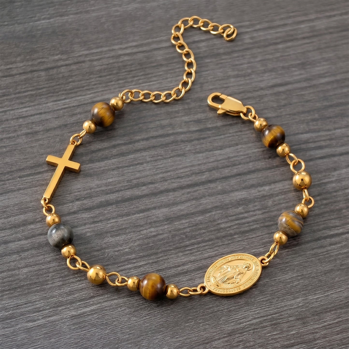 18K Gold Plated Stainless Steel Chain Bracelet For Women Natural Stone Beads Virgin Mary Miracle Medal Cross Bracelets Religious Catholic Jewelry Link Chain Gift