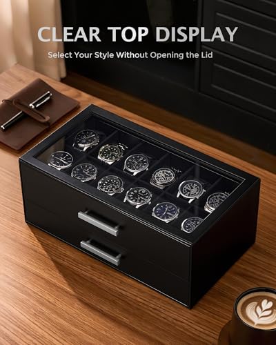 ProCase 12-Slot Watch Box, 2-Tier Pull-Out Drawers Display Case for Men with Clear Top Lid, Watches Jewelry Sunglass Stora...