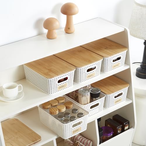 Bagnizer Small Plastic Storage Bins with Bamboo Lids 5.2qt Stackable Box Basket Pantry Decorative Containers Cute with Lab...