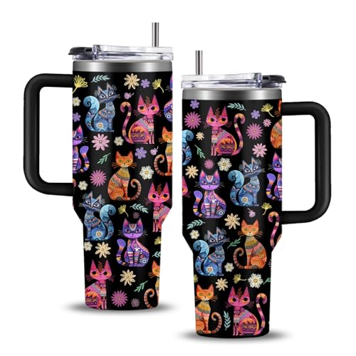 WWHSAI Cat Gifts for Women Cats Tumbler with Handle 40Oz Christmas Birthday Flowers & Elegance Cats Gift for Cat Lover Owner