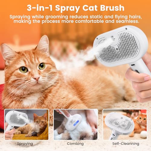 Pet Steam Brush for Indoor Cats & Dogs, Self Cleaning Cat Brush for Shedding & Grooming Supplies, Anti-Static & Anti-Flyin...