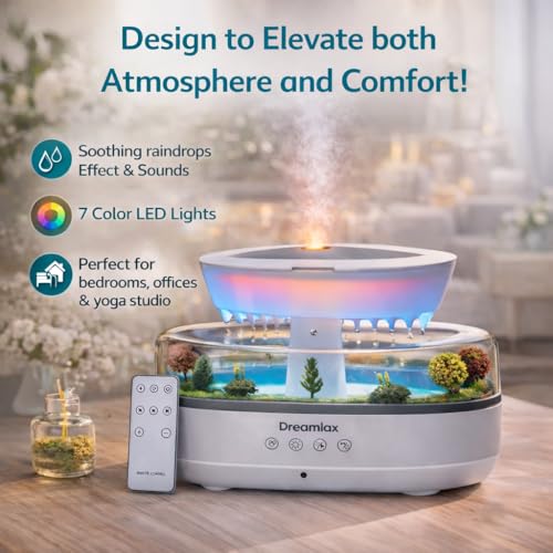 Dreamlax Rain Humidifiers for Bedroom – Cool Mist Essential Oil Diffuser, White Noise Machine with 10 Nature Sounds, 7 LED...