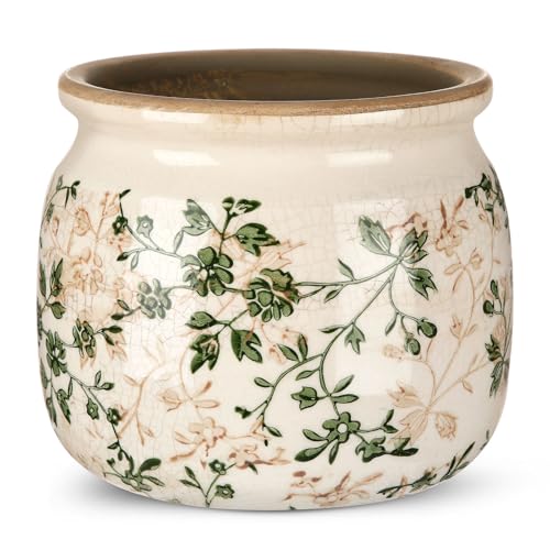 Ninehaoou Vintage Planter Large Ceramic Plants Pot Green Pink Pastoral Floral Ice Crack Cottage Scroll Vase Flower Vase Po...