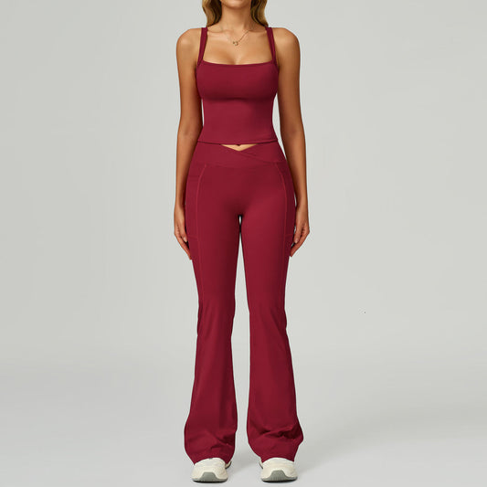 Womens Solid Color Casual Yoga Top And Pants Set