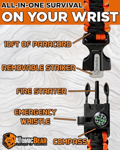 Atomic Bear Paracord Bracelet (2 Pack) - Adjustable - Fire Starter - Loud Whistle - Perfect for Hiking, Camping, Fishing a...