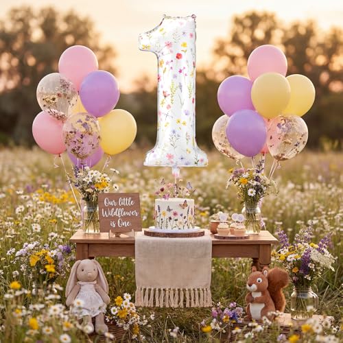 Jenaai Wildflower Number 1 Balloon Birthday Decorations, 1st Flower Balloons for 1st Floral Birthday Party Supplies Spring...