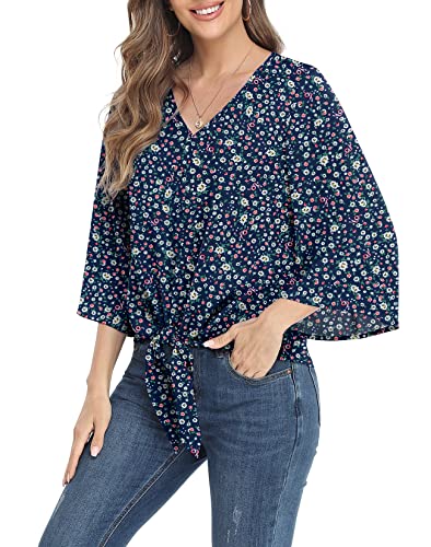 VIISHOW Women's Button V Neck Chiffon Tops 3/4 Bell Sleeve Tie Knot Casual Blouses Loose Summer Shirts