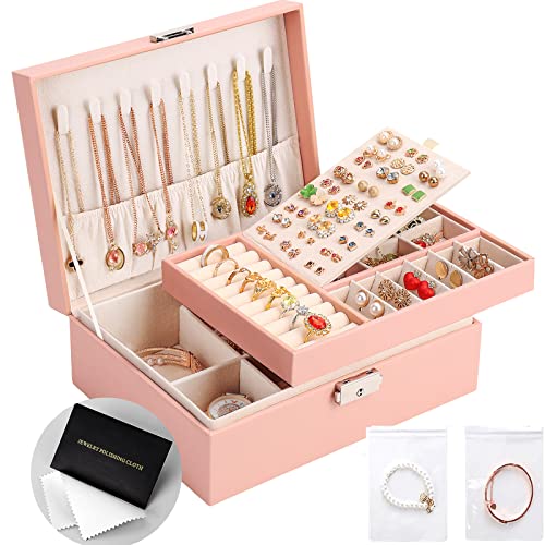 Jewelry Organizer Box, Leather Jewelry Box for Girls Gift Earring Organizer with Lock Double Layers Jewelry Case Removable...