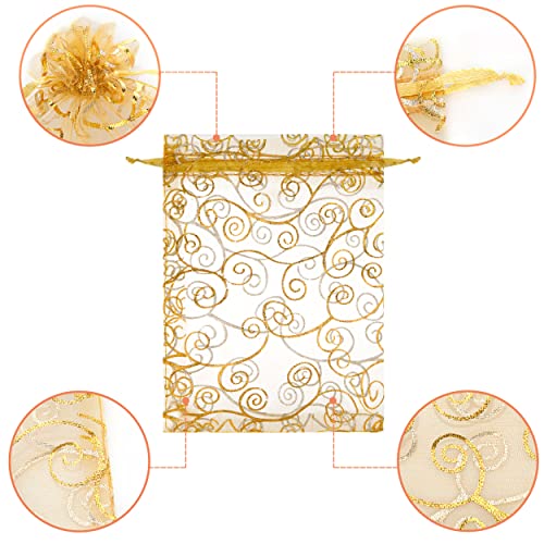 Staruby Organza Gift Bags 100Pcs Gold Sheer Organza Bag 5x7 Inch Mesh Favor Bags Drawstring Jewelry Rattan Printed Gift Po...