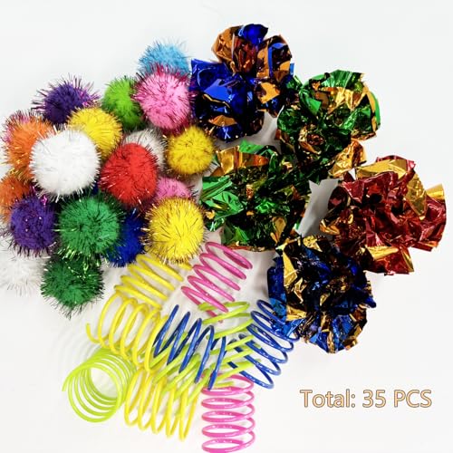 hersmile Cat Toys for Indoor,35 Pack Interactive Cat Toy Pack Including Crinkle Balls,Sparkle Balls,Spiral Springs for Mos...