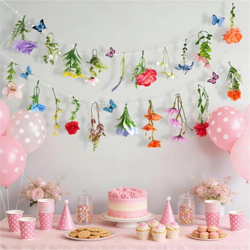 2 Pack 14.4ft Flower Garland Artificial Wildflower Garland, Spring Floral Garland Banner with Butterfly for Wildflower Par...