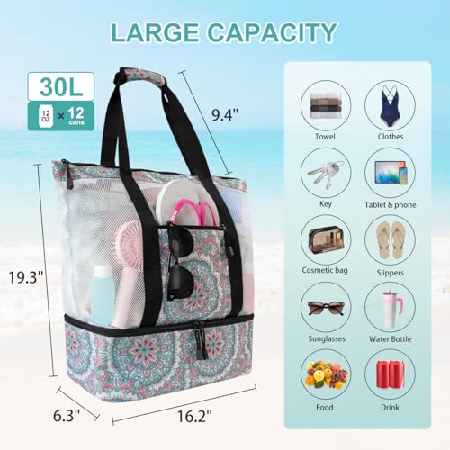 ASL Mesh Beach Bag with Cooler Compartment for Women, 2-in-1 Print Travel Tote 30L with Zipper and Pockets, Pool Picnic