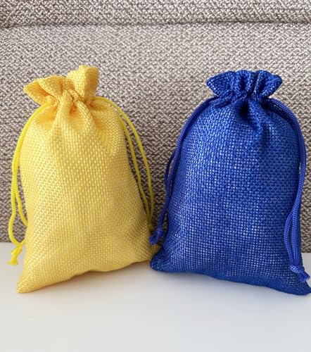 Autupy Burlap Drawstring Bags, 20 Pack, Blue and Yellow, Gift Pouches for Wedding Party Favors