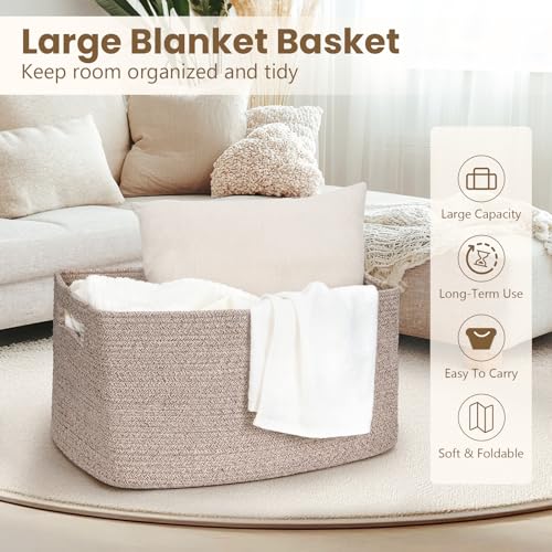 Optish 75L Large Blanket Basket, Woven Storage Baskets with Reinforced Handles, Rope Laundry Basket for Living Room, Bedro...