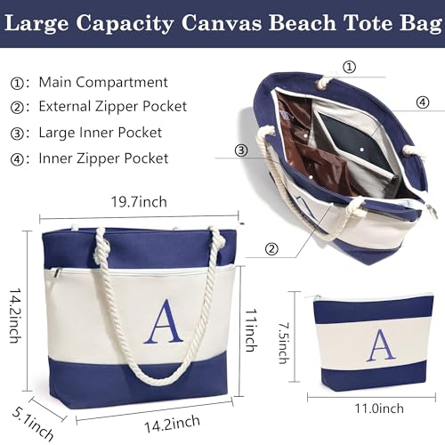 YOOLIFE Beach Bags for Women - Initial Canvas Waterproof Beach Tote Bag, Mothers Day Gifts for Women Mom Wife Friend