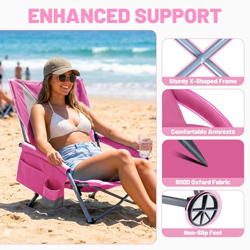 Youtanic Portable Beach Chair 2-Pack, 400 lbs Folding Camping Chair, Lightweight Low Profile Lawn Chair with Wide Seat, Cu...
