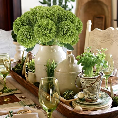 Hananona 12 Pcs Artificial Chrysanthemums Flowers Ball Flower, Fake Mums Flowers Green Silk Flowers for Home Decor Indoor ...