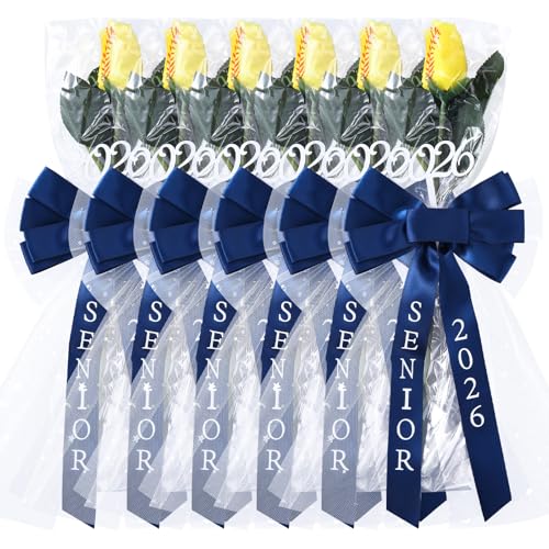 Suncalla 6 Pcs Senior 2026 Softball Rose with Bows Artificial Fake Softball Flower Gifts Graduation Senior Night Gifts Bas...