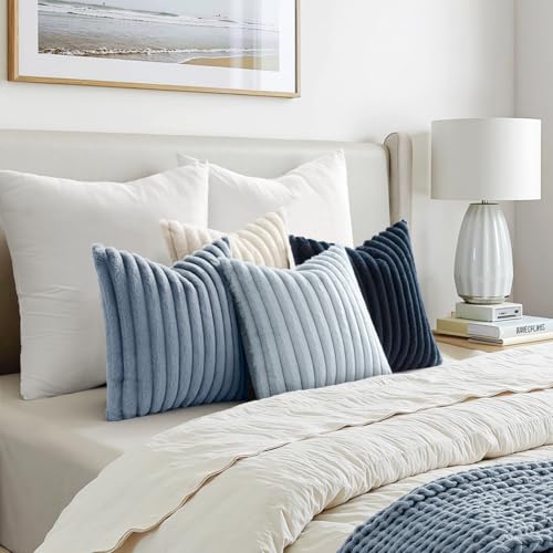 MIULEE Faux Fur Plush Decorative Throw Pillow Covers 18x18 Set of 4, Spring Modern Soft Fuzzy Coastal Striped Cushion Cove...