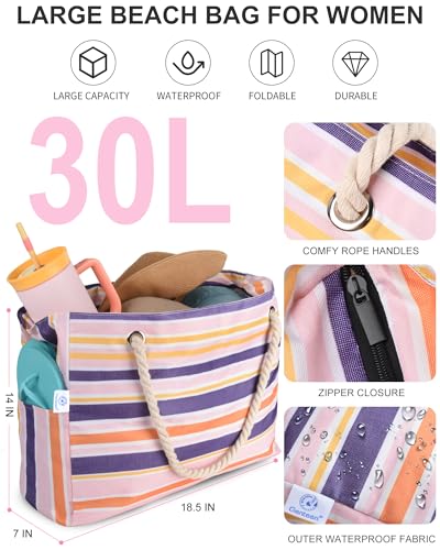 Genteen Beach Bag for Women, Large Waterproof Sandproof Beach Tote with Zipper Pocket, Solid for Travel Pool
