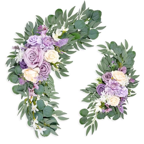 Roahosy Wedding Arch Flowers (Pack of 2), Purple Flower Swag Wedding Welcome Sign Floral Arrangements for Wedding Ceremony...