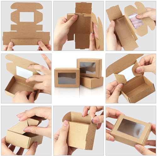 BadenBach 50 PCS Mini Kraft Boxes with Windows,3.33" x 2.35" x 1.18",Small Soap Box for Homemade Soap,Paper Small Gift Box...