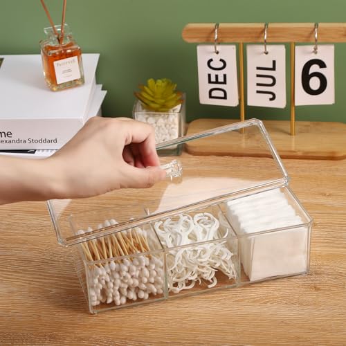 Sohalejr Qtip Holder Transparent 3 Compartments Cotton Ball and Swab Holder Organizer with Lid,Jar for Cotton Rounds,Bathr...