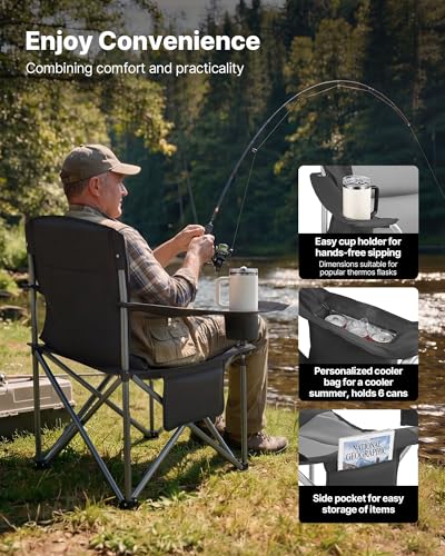 VEVOR Oversized Camping Folding Chair, Portable Heavy Duty Outdoor Quad Lumbar Back Padded with Side Pockets, Cup Holder a...