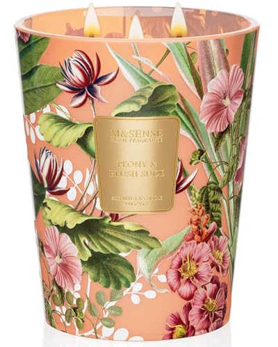 M&SENSE Peony Blush Suede Soy Candle, 35oz 3 Wick 150H Non Toxic Long Lasting, Summer Floral Bedroom Scent, Gift for Women
