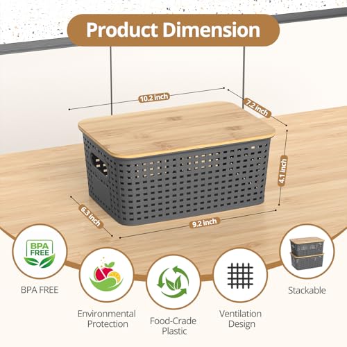 ZFTMRR Plastic Storage Baskets with Bamboo Lids, Stackable Small Box Bins for Organizing and Containers for Shelves Drawer...