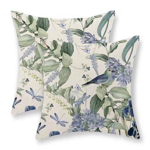JEFERSO Chinoiserie Pillow Covers 18x18 Set of 2 Blue Green Floral Bird Pillow Cases Vintage Flower Seasonal Outdoor Throw...