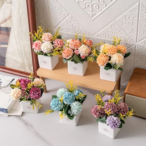 6Pcs Artificial Flowers with Ceramic Pot Small Fake Hydrangea Flowers Arrangements Faux Spring Flowers in Vase Home Spring...