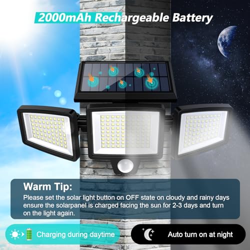 Tuffenough Solar Outdoor Lights 2500LM 210 LED Security Lights with Remote Control,3 Heads Motion Sensor Lights, IP65 Wate...
