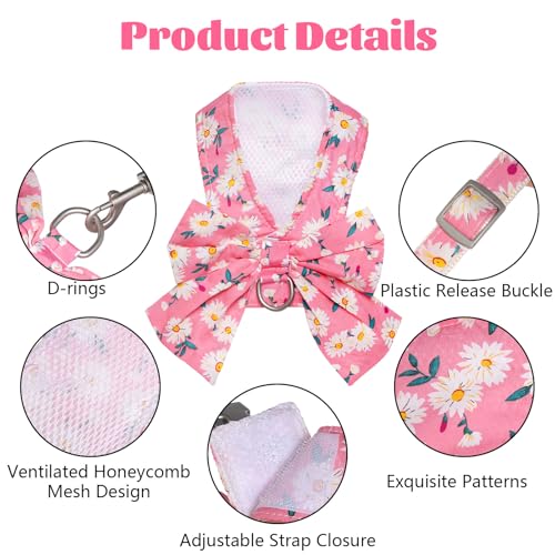 YKYUASD Dog Harness and Leash Set Adjustable Puppy Harness Mesh Vest Set Bow Knot Pet Clothes for Small Girl Dog Cat Summe...