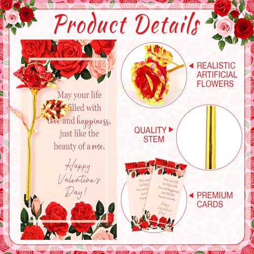Leinuosen 30 Sets Valentine's Day Galaxy Flower Gift Rainbow Gold Foil Glass Artificial Roses with Cards Valentine Christi...