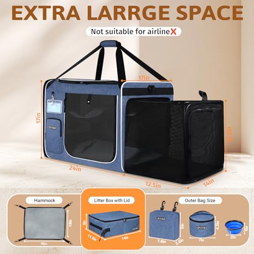 Petskd Side Expandable Extra Large Cat Carrier with Litter Box Area for Long Distance Car Travel,24"x17"x17" Collapsible S...