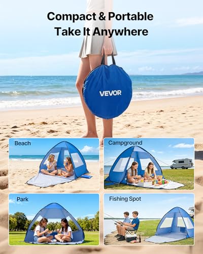 VEVOR Beach Tent Sun Shelter for 2 Person, UPF 50+ Protection, Portable Sun Shade Beach with Carrying Bag & Sand Pockets, ...