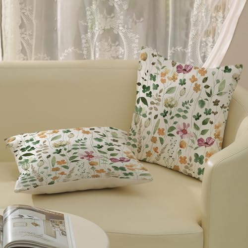 Yxuiyal Spring Pillow Covers 18x18 Set of 2 Green Pink Floral Leaves Throw Pillow Covers Decoration Summer Flower Plants F...