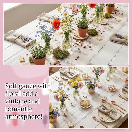 Lounsweer 3 Pcs Wildflower Table Runner 10ft/ 29 Inch x 120 Inch White Embroidery Wildflower Spring Summer Tulle Lace Runn...