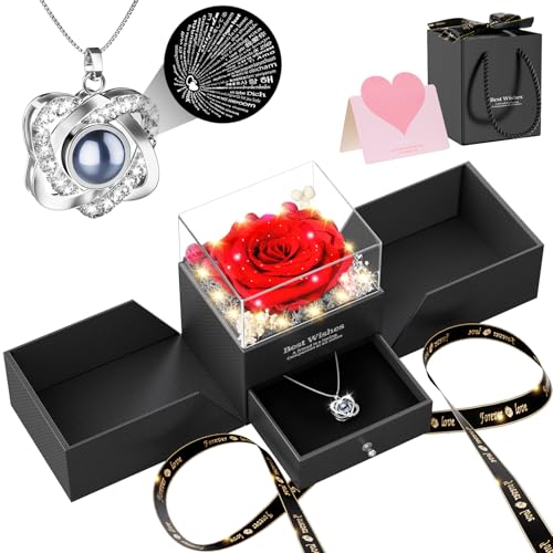 Preserved Red Rose Necklace with I Love You Heart - Forever Flowers Romantic Gifts for Women Mom Wife Girlfriend Grandma, ...