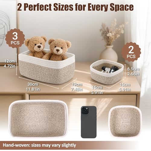 VIRETH HAUS 5-Pack Small Woven Rope Storage Baskets – 2 Sizes Organizer Bins for Closet, Shelf, Bookshelf, Nursery, Changi...