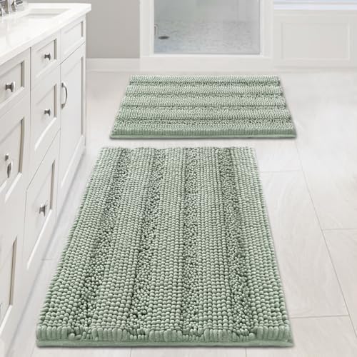 H.VERSAILTEX Sage Bathroom Rugs, Bath Mat Set of 2 Extra Thick Chenille Striped Pattern Shaggy Bath Rugs for Bath Room, No...