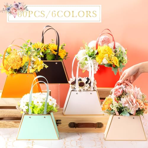 Ctosree 60 Pcs Flower Gift Bags Portable Floral Paper Bouquet Bags Flower Box for Arrangements with Handle Florist Supplie...