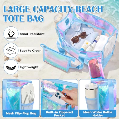 ComfyKit Iridescent Beach Bag for Women,PVC Pool Bag with Cosmetic Pouch&Phone Pouch,Summer Beach Tote for Travel & Vacation