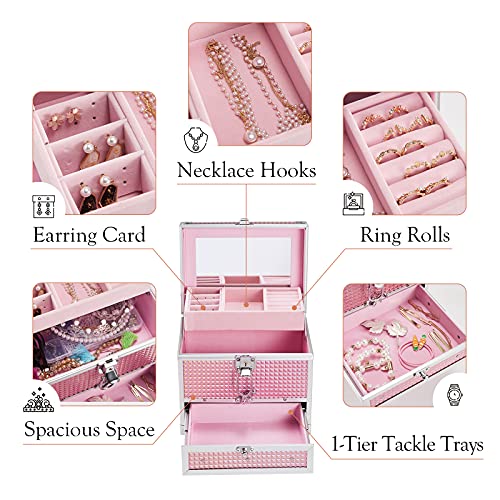 Hododou Girls Jewelry Box Organizer with Drawer & Mirror, Shiny Pink Style Lockable Storage Case for Kid or Little Girls J...